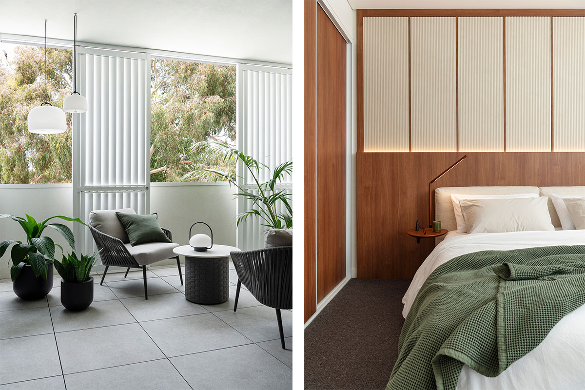 Modern alfresco space with sleek black furniture and greenery beside a bedroom featuring a wooden feature wall and green accents.